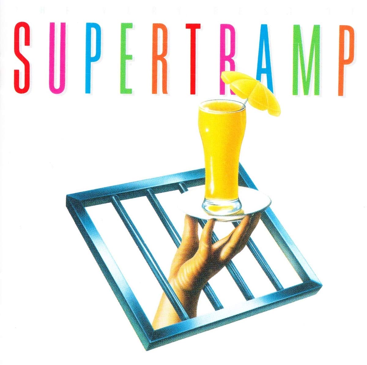 Cover du best of Supertramp : une grille m&eacute;tallique &agrave; travers laquelle passe une main qui tient un cocktail. Le no du groupe est &eacute;crit en grosses lettres color&eacute;es.