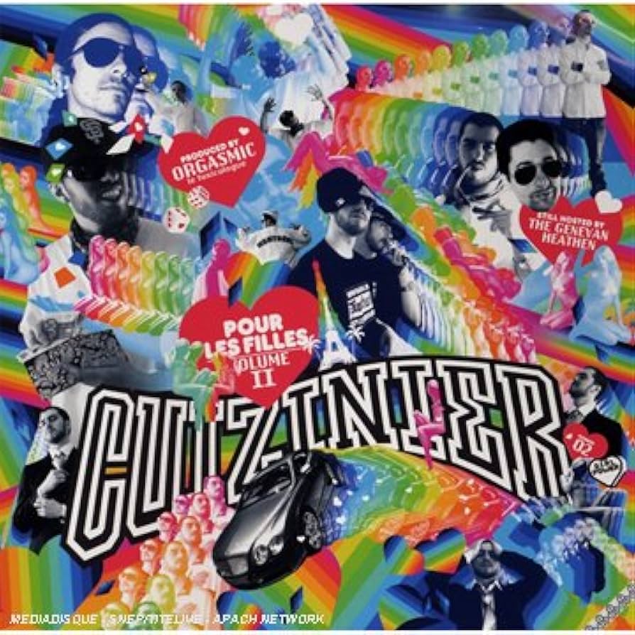 Cover de l'album "Pour les filles volume 2" de Cuizinier. Il s'agit d'un collage tr&egrave;s color&eacute;. On voit des photos de Cuizinier dupliqu&eacute;es plusieurs fois dans toutes les couleurs de l'arc en ciel, avec la photo du premier plan en noir et blanc. Les photos sont d&eacute;cal&eacute;es pour faire un effet de tra&icirc;ne. Il y a &eacute;galement des &eacute;l&eacute;ments graphiques clich&eacute;s sur la pochette : une grosse voiture, des d&eacute;s, la tour Eiffel, des silhouettes de femmes d&eacute;nud&eacute;es. Le nom Cuizinier est inscrit en tr&egrave;s gros au milieu de la pochette, et le titre de l'album et la mention "produced by Orgasmic"  sont inscrits dans des c&oelig;urs.