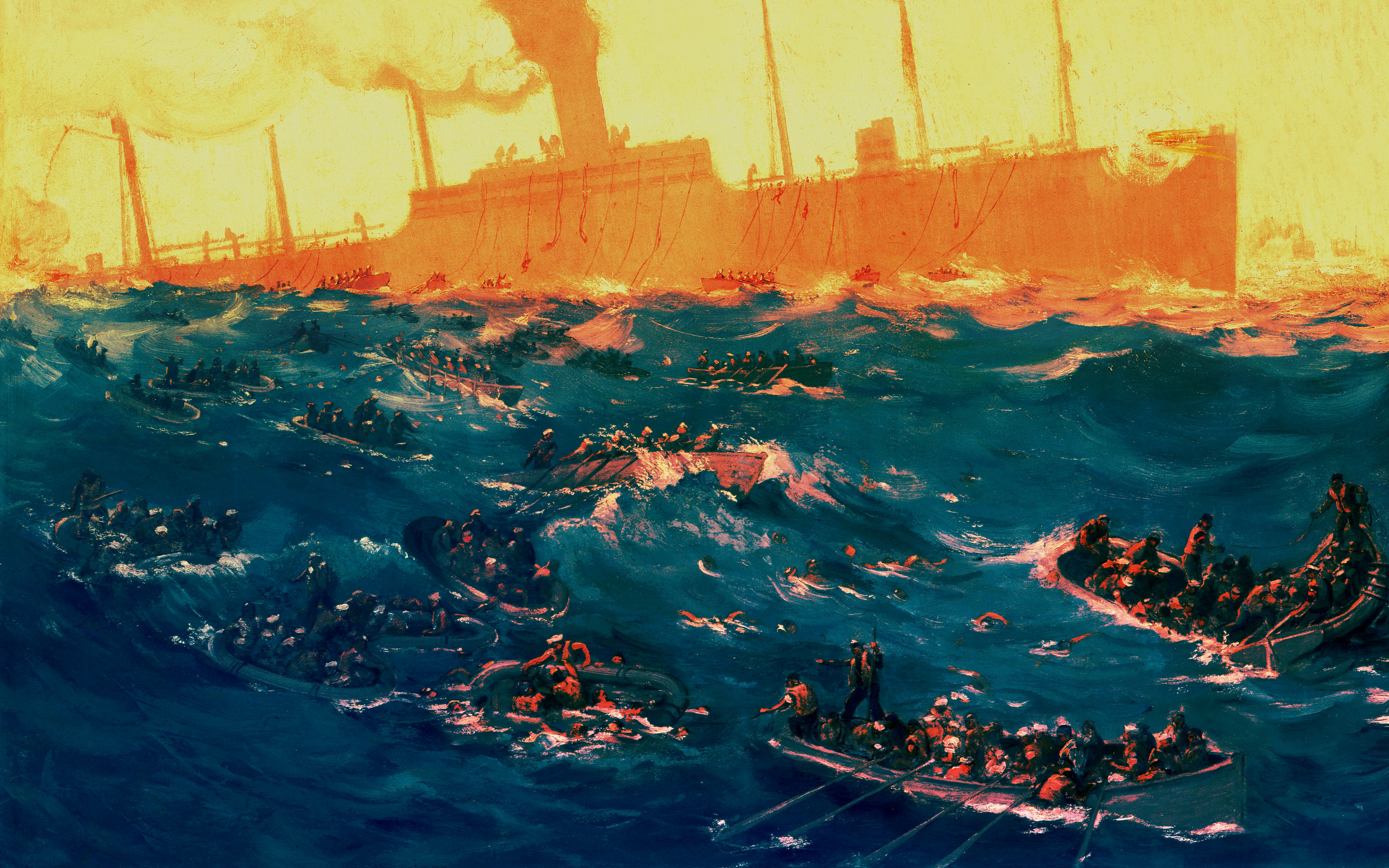 Peinture du naufrage de l'USS President Lincoln, version refaite par quelqu'un sur Reddit. Les 2/3 de l'image montrent une mer tr&egrave;s agit&eacute;e, avec plein de canots de sauvetage remplis de gens. Certaines personnes sont dans l'eau et entent de rejoindre un canot. Au fond de l'image, devant un ciel orange, il y a un &eacute;norme bateau militaire en train de couler. De la fum&eacute;e et la couleur orang&eacute;e sugg&egrave;rent qu'il est en feu, et il y a plein de cordes qui descendent du bateau vers des canots, pour permettre aux gens de fuir.