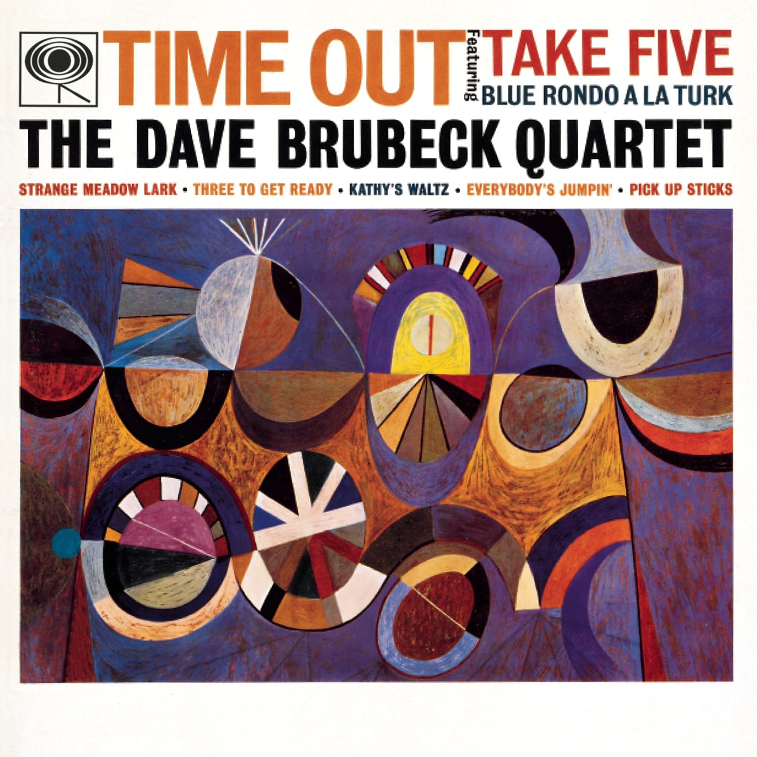 cover de l'album Time out du Dave Brubeck Quartet. C'est une illustration abstraite dans des tons bleus et dor&eacute;s, avec des cercles.