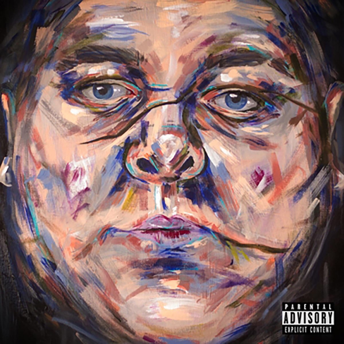 Cover de l'album Scars de Merkules. C'est une illustration du visage de Merkules, avec des coups de pinceaux color&eacute;s tr&egrave;s visibles, et les cicatrices du chanteur mises en avant.
