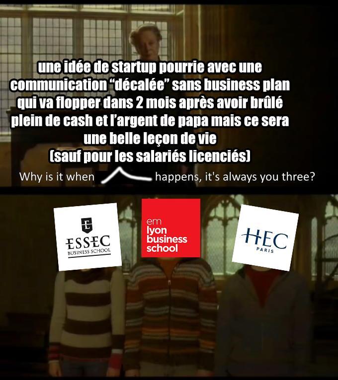 meme issu d'Harry Potter, avec McGonagall qui engueule Harry, Ron et Hermione. Les têtes des 3 héros sont remplacées par les logos de l'ESSEC, EM Lyon business school et HEC Paris, et McGonagall dit "Why is it when [une idée de sartup pourrie avec une communication "décalée" sans business plan qui va flopper dans 2 mois après avoir brûlé plein de cash et l'argent de papa mais ça sera une belle leçon de vie - sauf pour les salariés licenciés] happens, it's always you three?'
