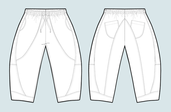 sch&eacute;ma d'un pantalon &agrave; taille &eacute;lastiqu&eacute;e. Il est de forme barrel legs, et est compos&eacute; de plusieurs panneaux assembl&eacute;s avec des surpiq&ucirc;res visibles.