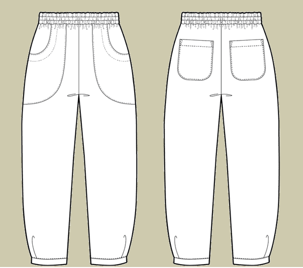 sch&eacute;ma d'un pantalon &agrave; taille &eacute;lastiqu&eacute;e. Il est fluide et un peu ample, et est resserr&eacute; au niveau des chevilles par un revers. Il a des poches plaqu&eacute;es &agrave; l'arri&egrave;re, et de tr&egrave;s grandes poches arrondies devant.