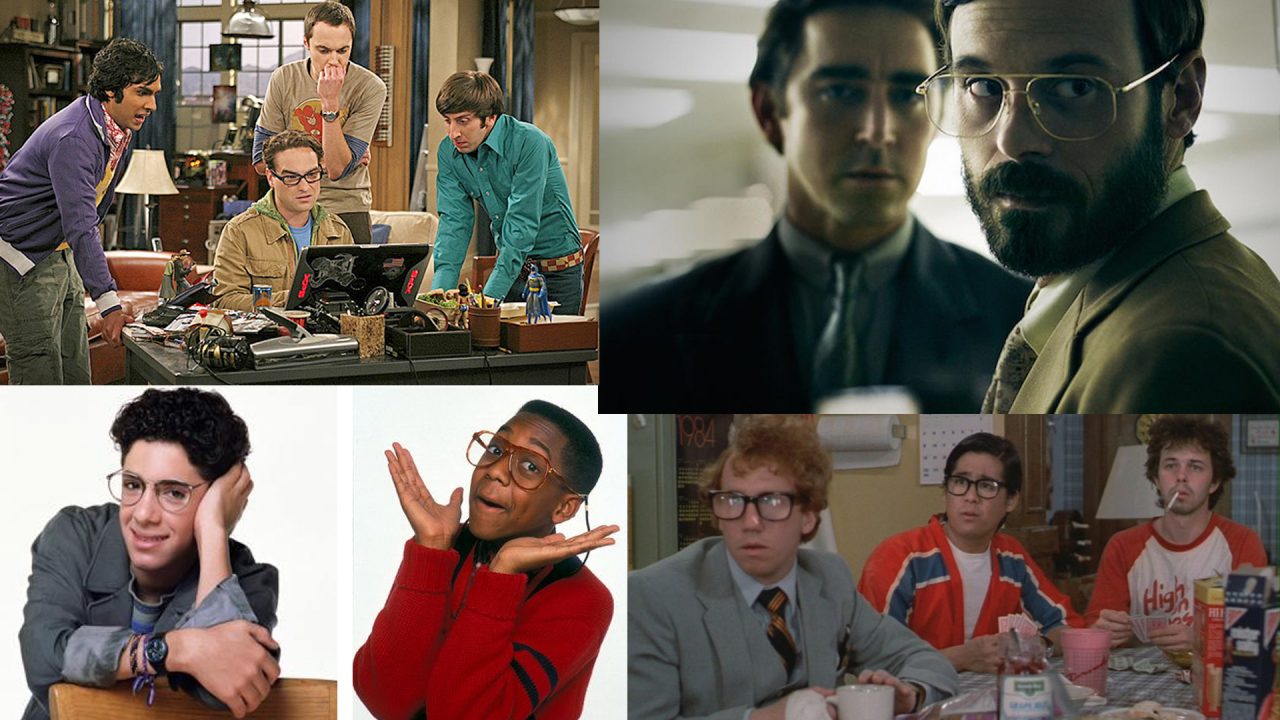 Exemples de personnages de fiction considérés comme « geeks » : Leonard, Sheldon, Raj et Howard de The Big Band Theory ; Joe MacMillian et Gordon Clark de Halt and Catch Fire ; Jerry Steiner de Parker Lewis ne perd jamais ; Steve Urkel de La Vie de famille ; trois personnages de Revenge of the nerds